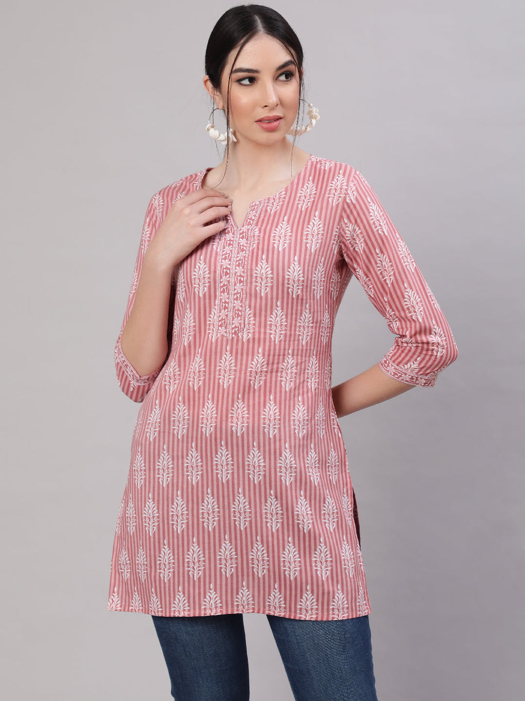 Pink & White Printed Soft cotton Short Kurti Top