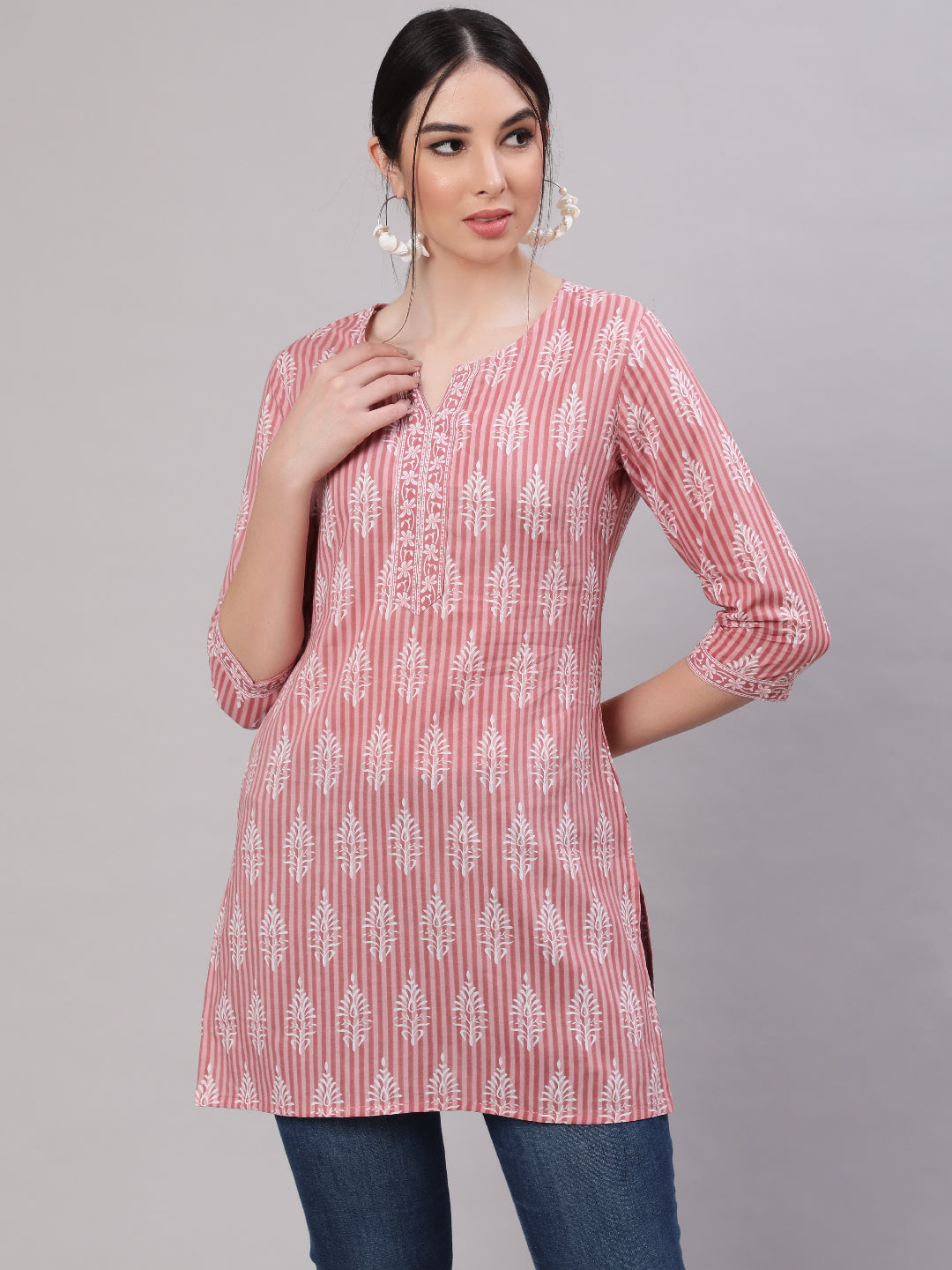 Pink & White Printed Soft cotton Short Kurti Top