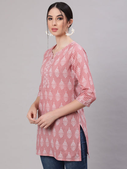 Pink & White Printed Soft cotton Short Kurti Top