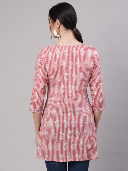 Pink & White Printed Soft cotton Short Kurti Top