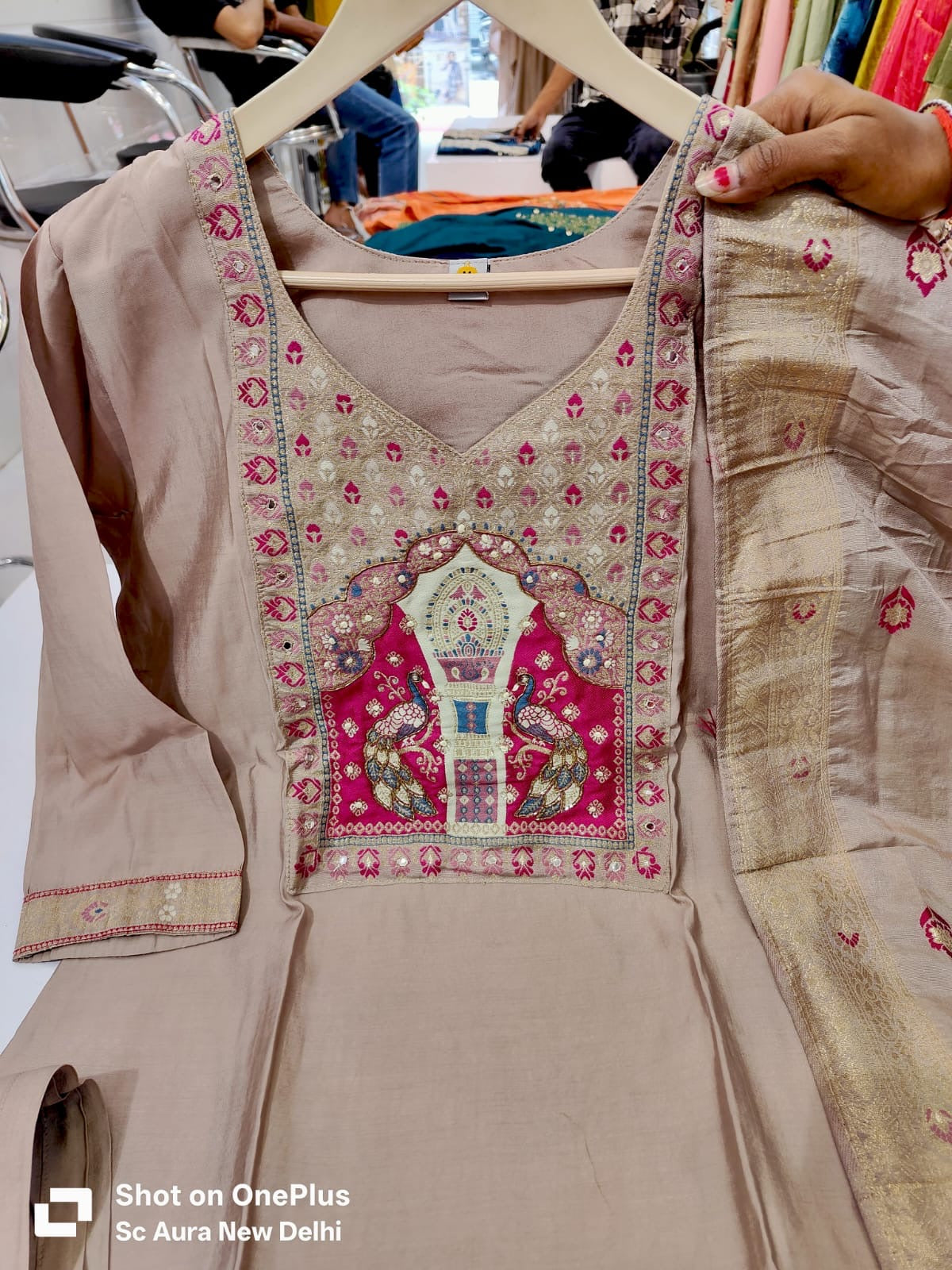 Chiku brown  Banarsi patched Kurti with Palazzo and Banarsi Jacquard Dupatta