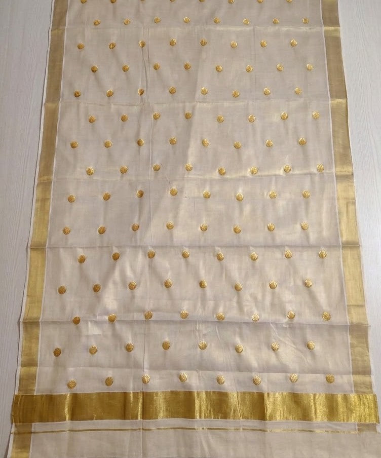 Golden Zari  Polka Weaved kerala Tissue Cotton Saree