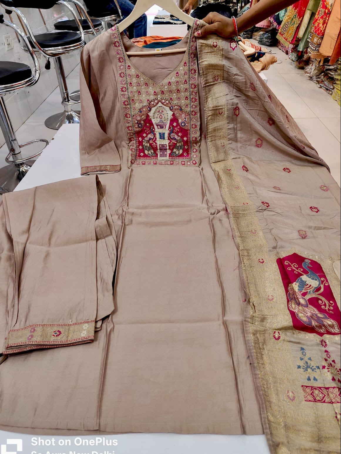 Chiku brown  Banarsi patched Kurti with Palazzo and Banarsi Jacquard Dupatta