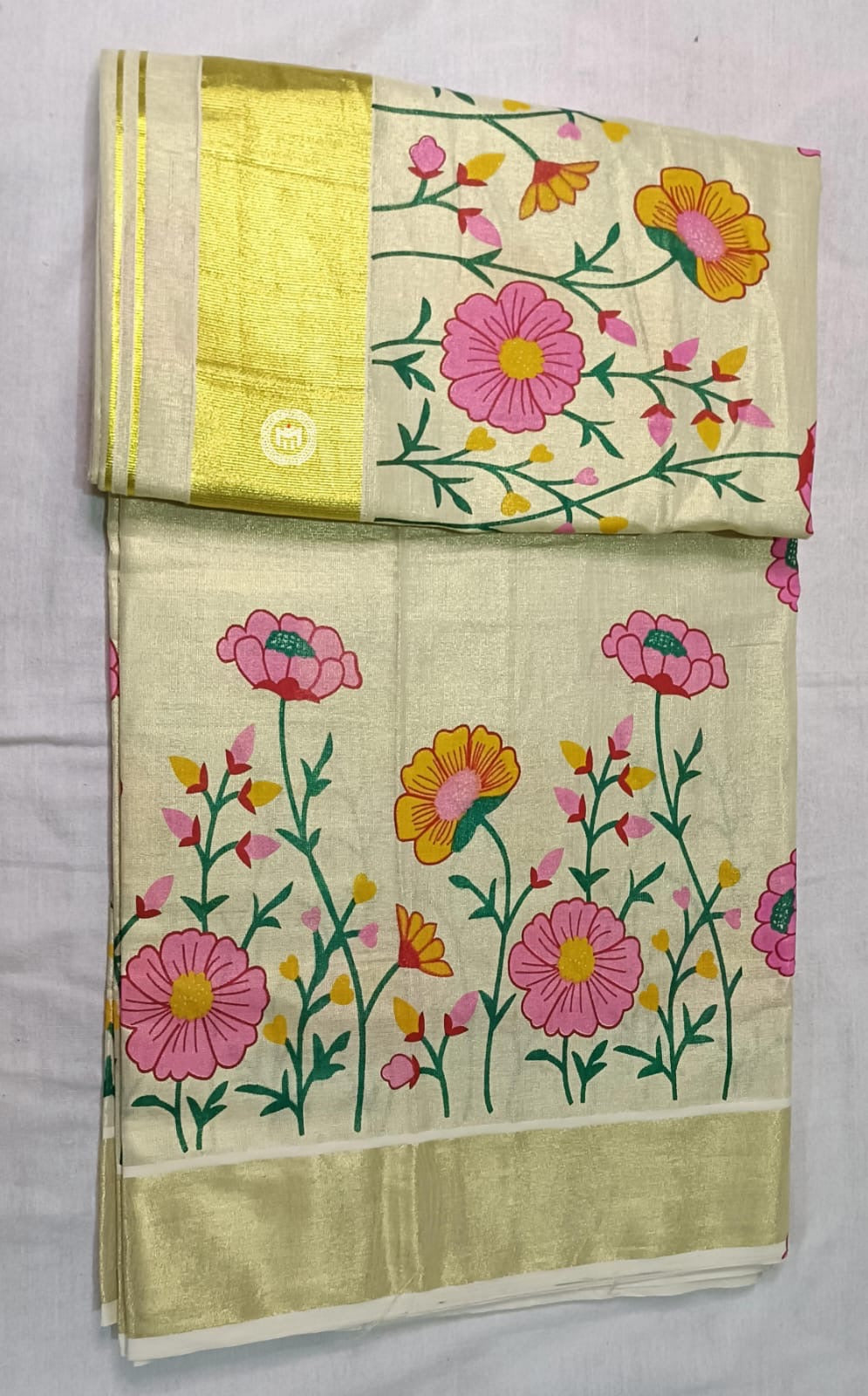 Floral Printed Kerala Tissue Cotton Saree with Zari Border