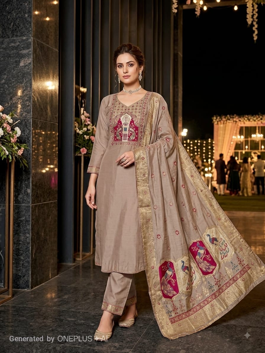 Chiku brown  Banarsi patched Kurti with Palazzo and Banarsi Jacquard Dupatta