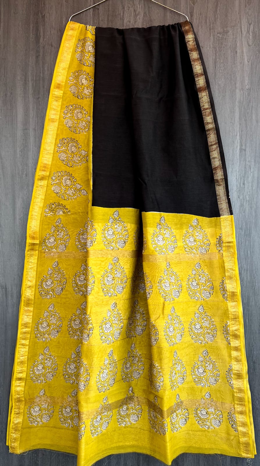 Black & Yellow Hand Block Printed Pure Maheswari Silk Saree