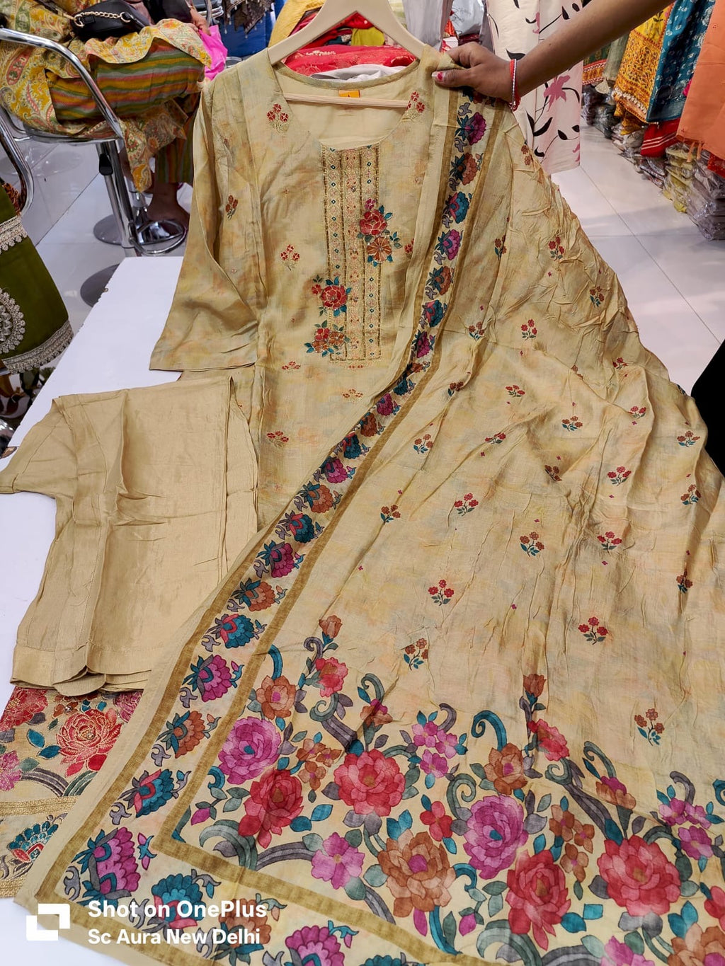 Position Printed Beige Pure Dola Silk with Sequins Emroidry Kurti with Pants & Dupatta