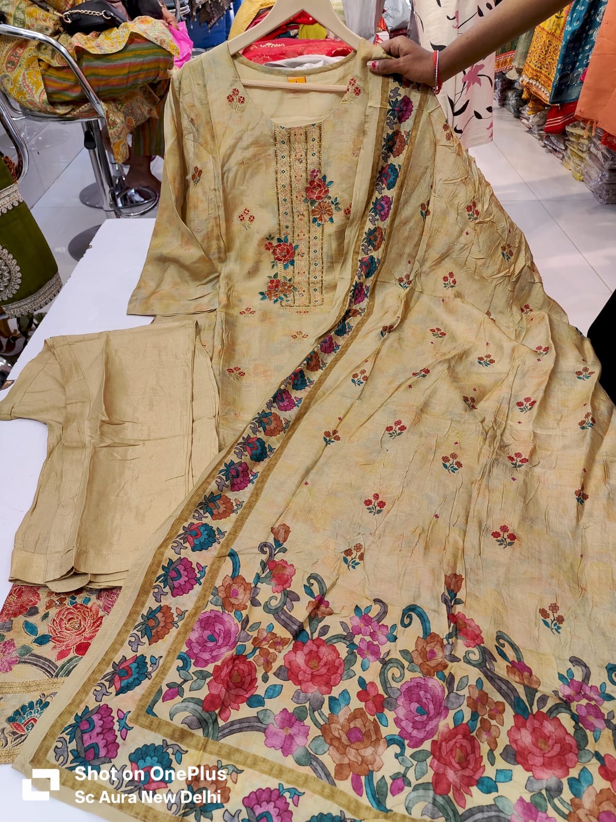 Position Printed Beige Pure Dola Silk with Sequins Emroidry Kurti with Pants & Dupatta