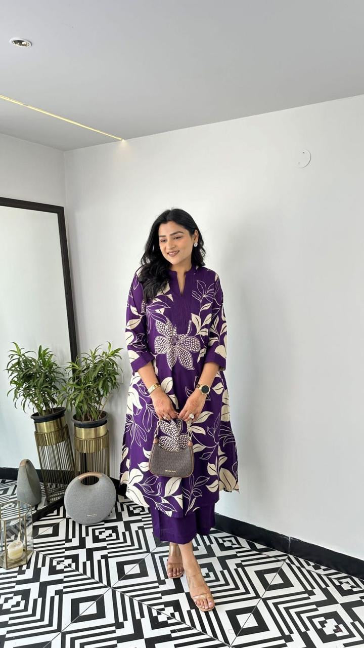Purple & White Floral Printed  Cotton Kurti Plazoo Set