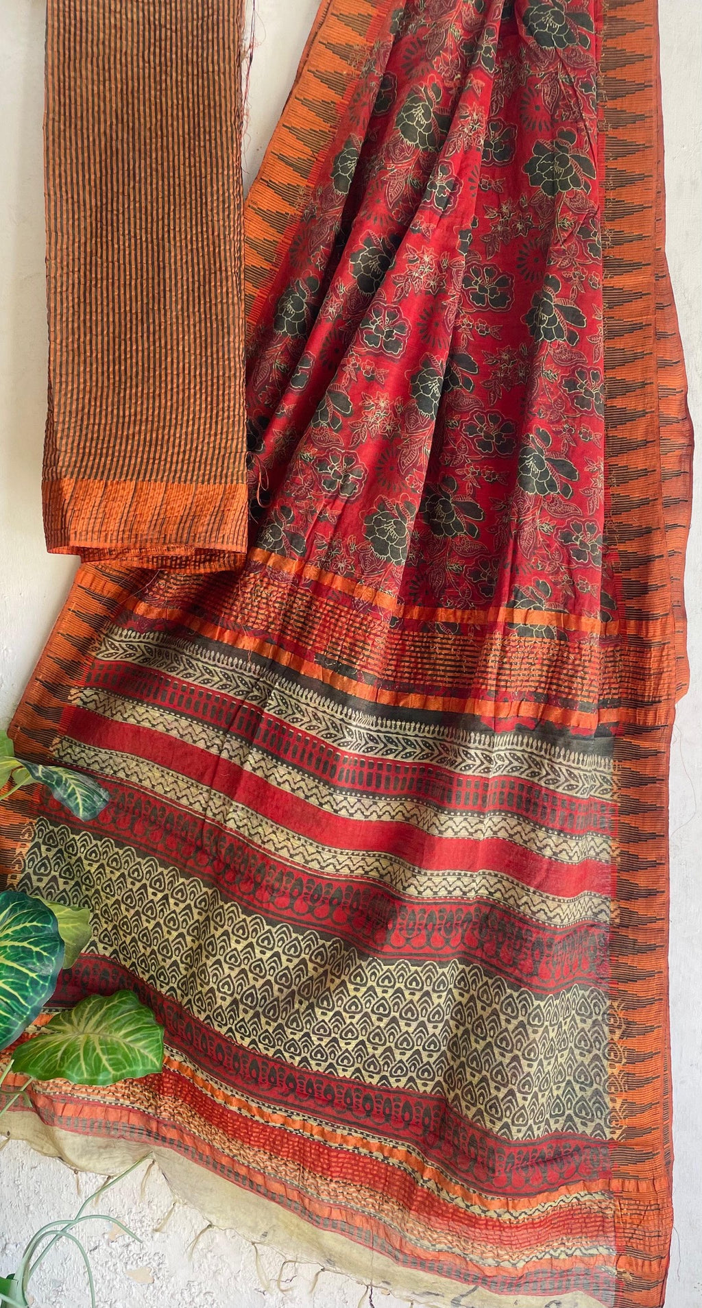 Rust & Maroon Hand Printed Silk Cotton Saree