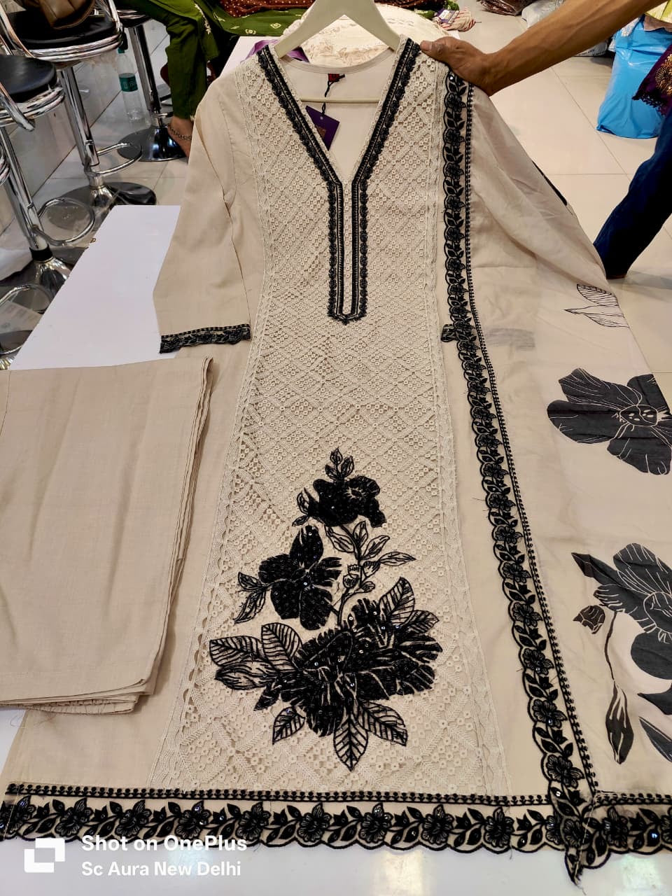 Embroidered Solid Off White Kurti Palazzo with Digital Printed Musleen Dupatta