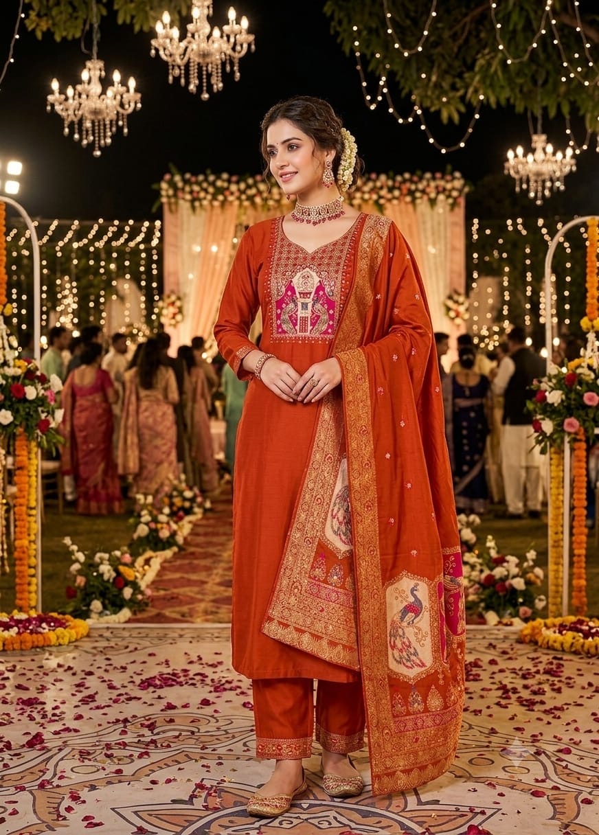 Solid Red  Banarsi patch Worked Kurti with Palazzo and Banarsi Jacquard Dupatta