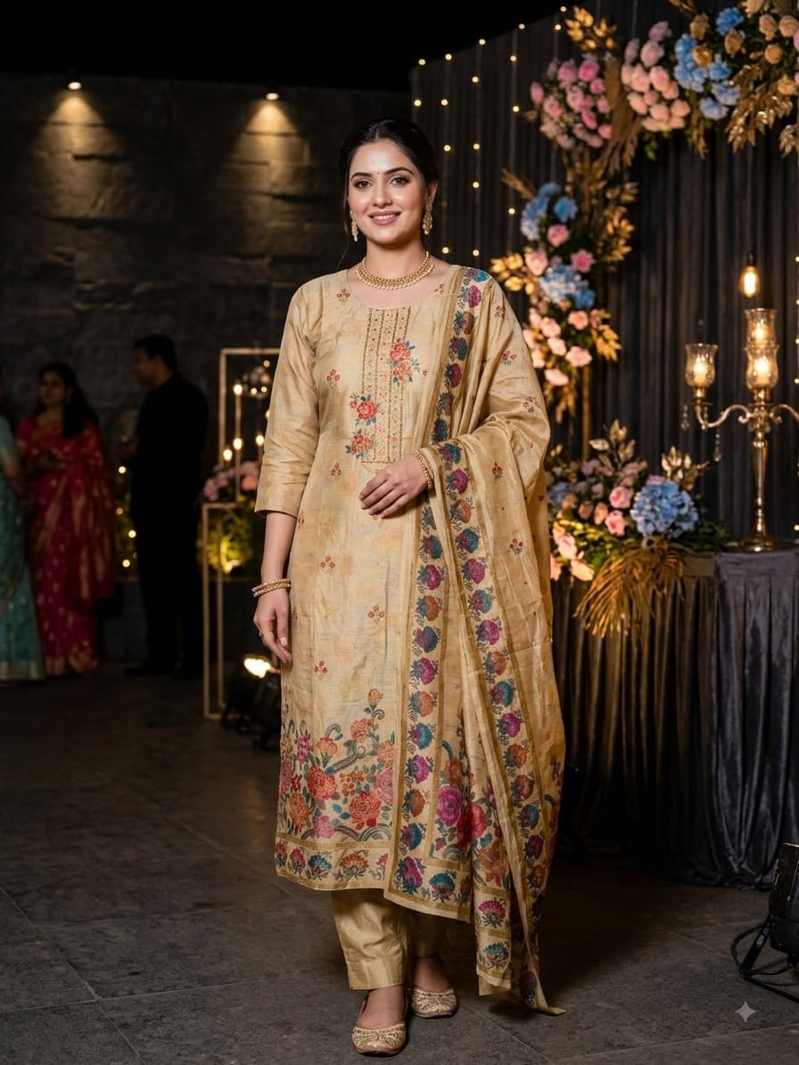 Position Printed Beige Pure Dola Silk with Sequins Emroidry Kurti with Pants & Dupatta