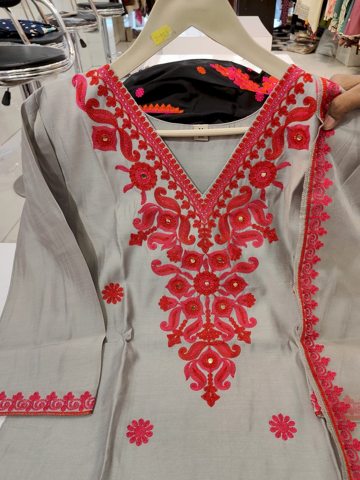 Roman Silk Embroidered With Mirror worked Kurti With Palazzo and Dupatta