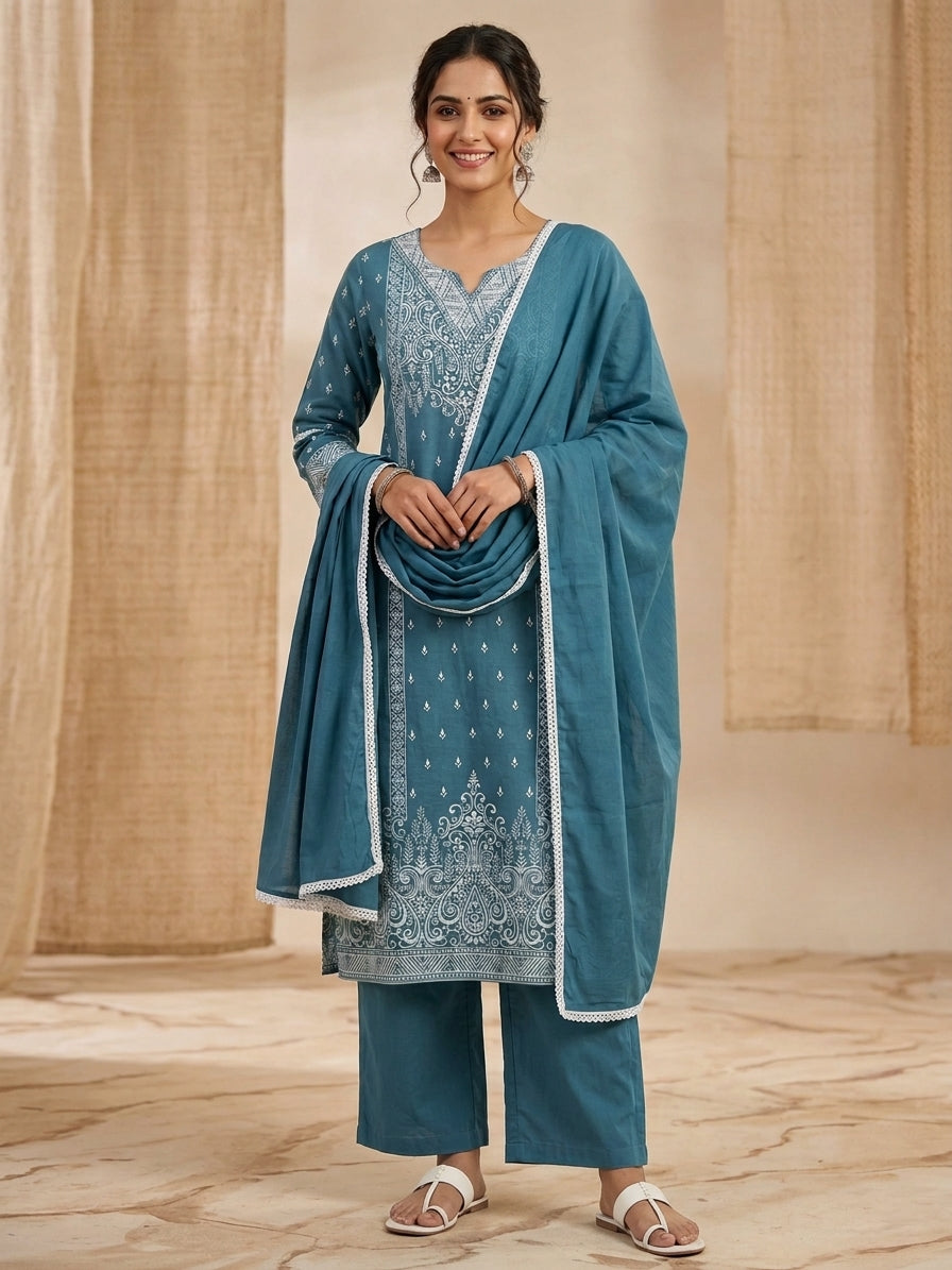 Rama Printed Embroidery Soft Cotton Kurti Set