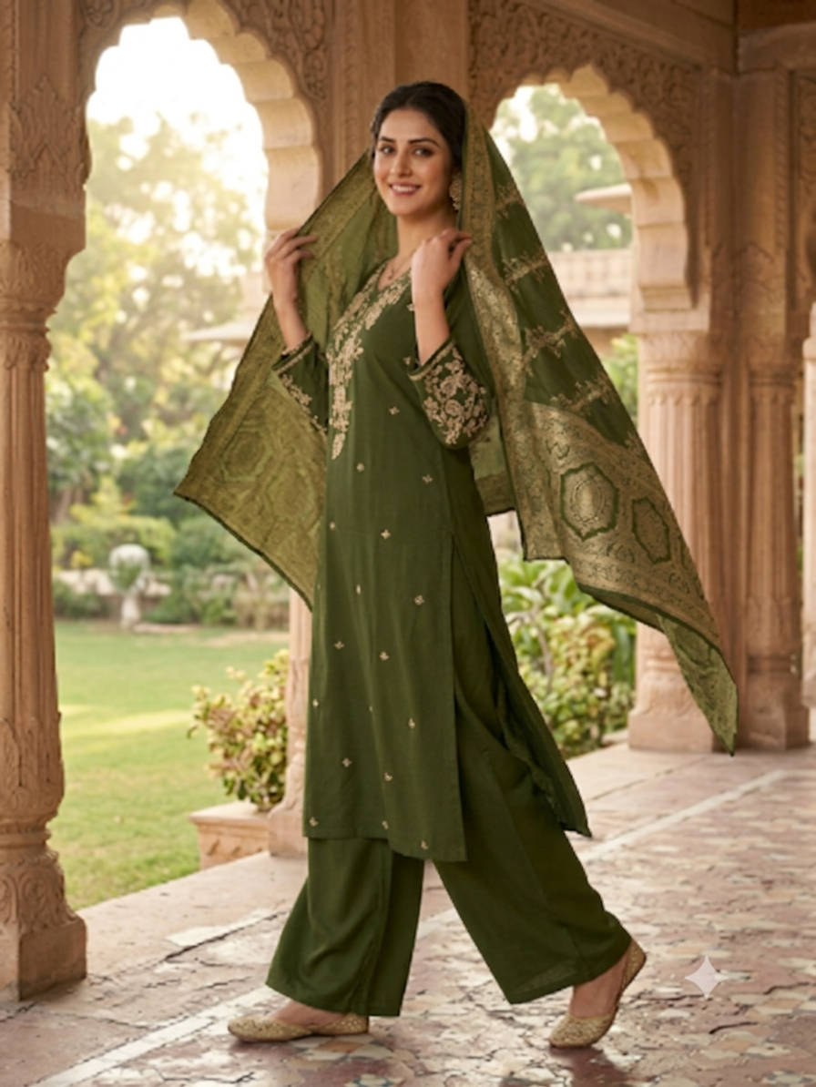 Solid mehandi Green Embroidered Roman silk Kurti Palazzo With Zari Woven Dupatta