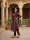 Embroidered Solid Purple Kurti Palazzo with printed Mul Cotton Dupatta