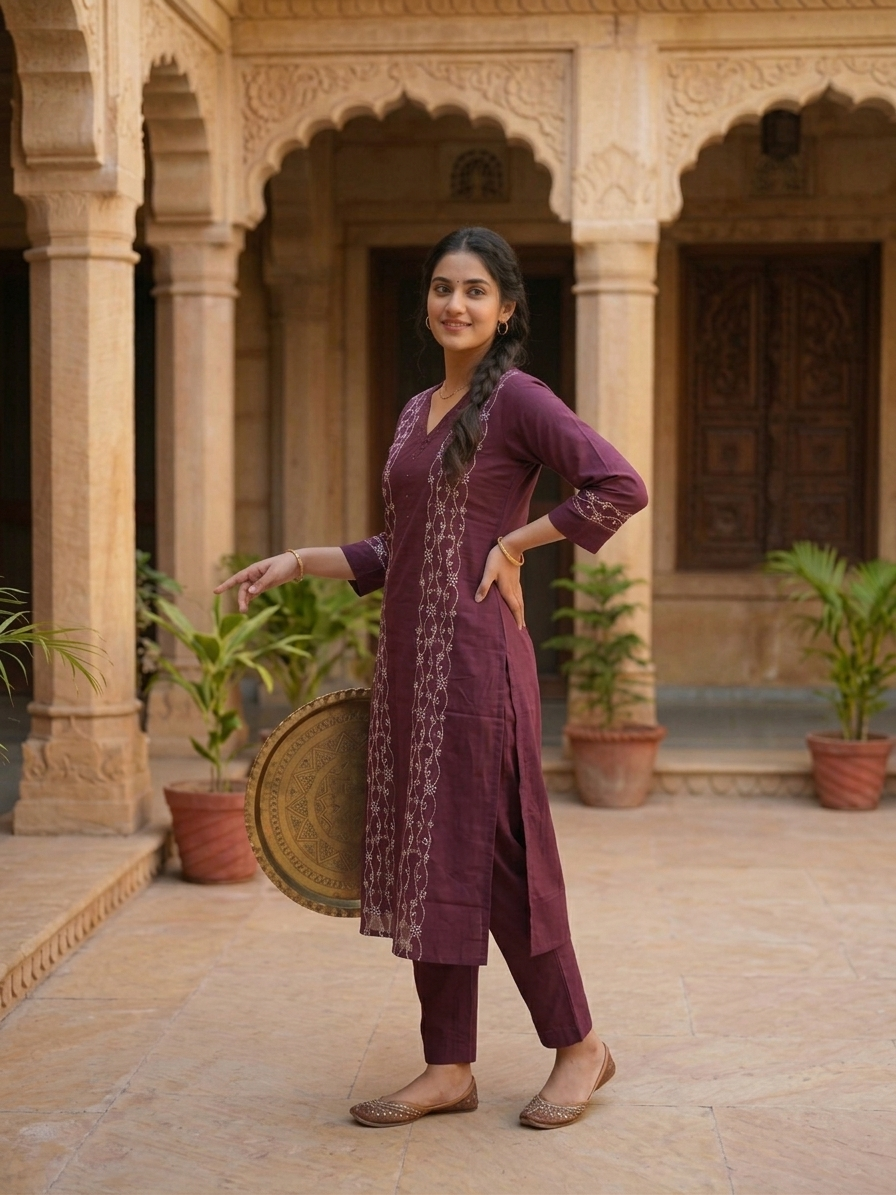 Embroidered Solid Purple Kurti Palazzo with printed Mul Cotton Dupatta