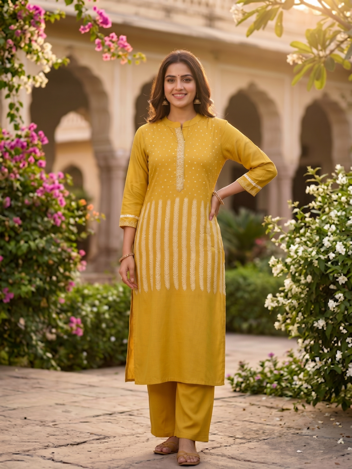 Golden Yellow Printed Embroidered Silk Kurti with palazzo Set