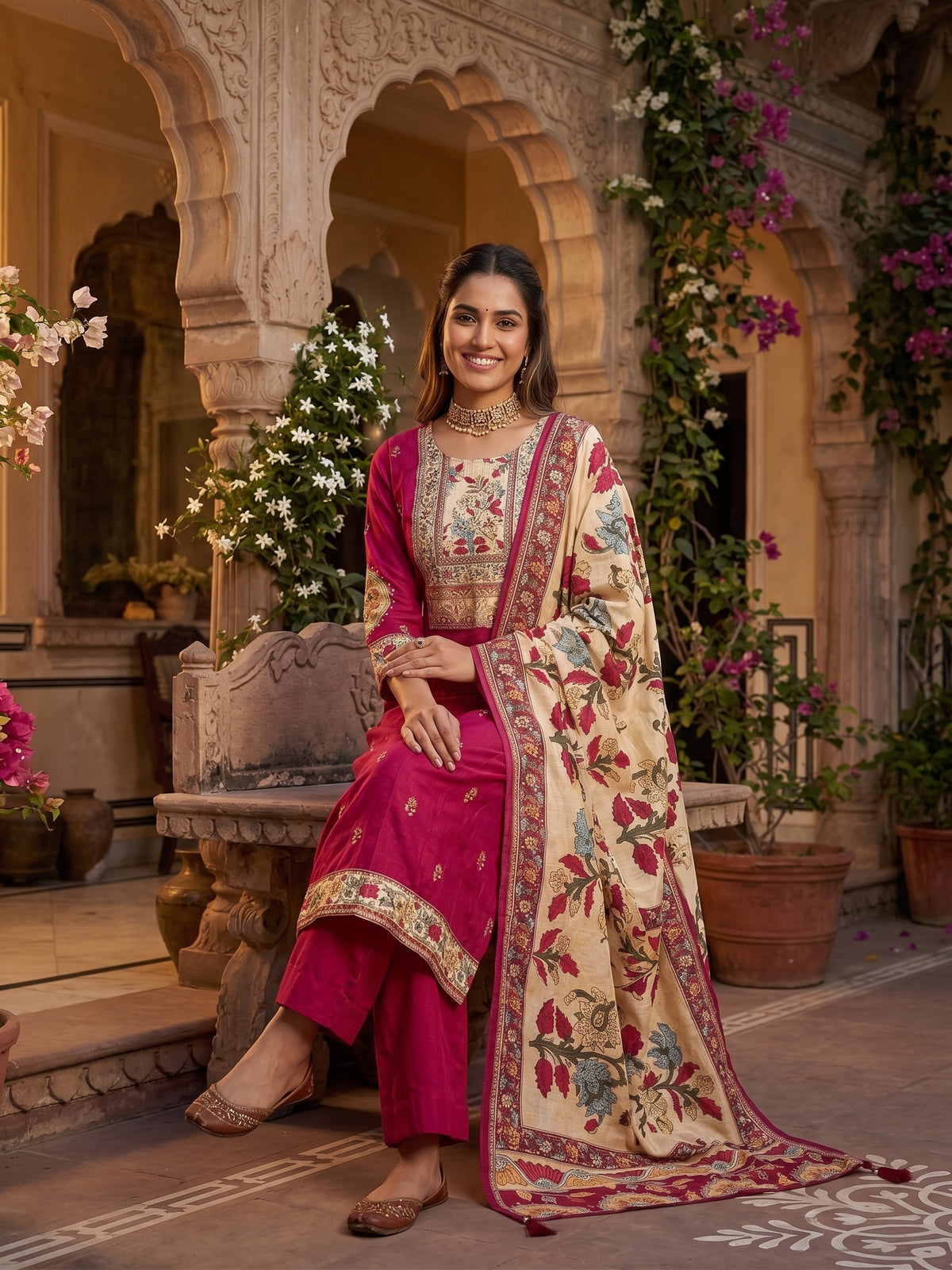 Rani Printed Embroidered Butter Muslin Kurti Set with Dupatta