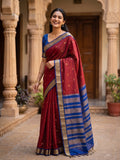 Maroon with Blue Border Kalyani Cotton Saree