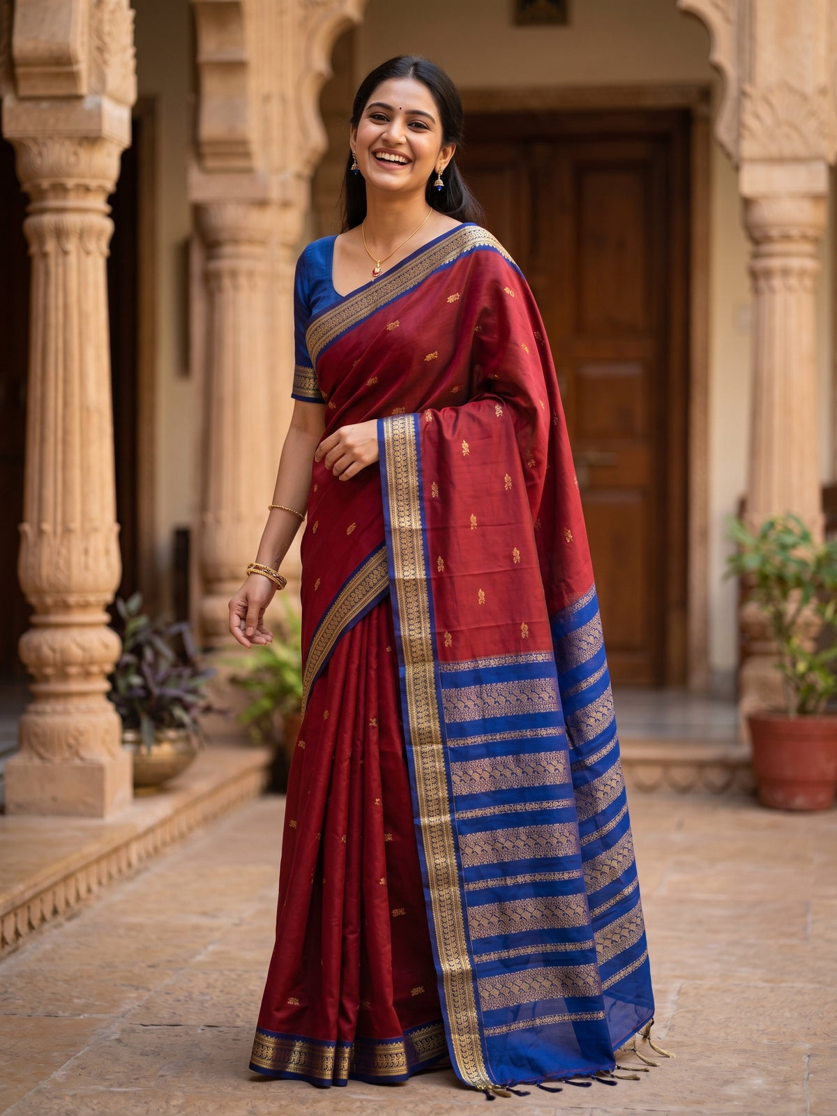 Maroon with Blue Border Kalyani Cotton Saree