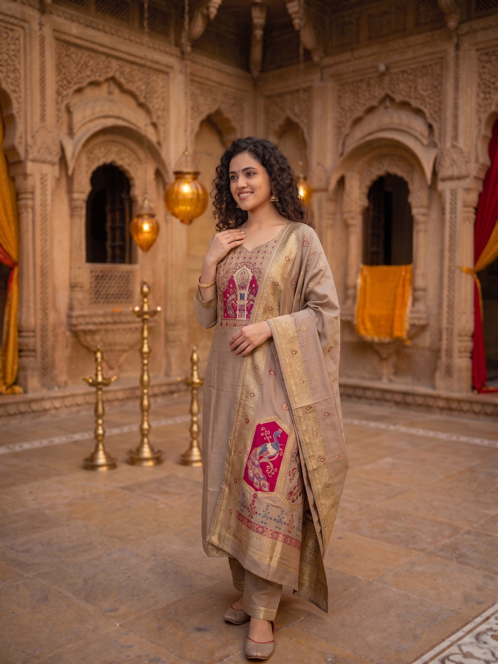 Chiku brown  Banarsi patched Kurti with Palazzo and Banarsi Jacquard Dupatta