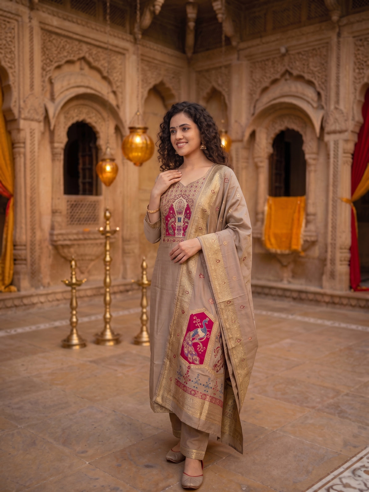 Chiku brown  Banarsi patched Kurti with Palazzo and Banarsi Jacquard Dupatta