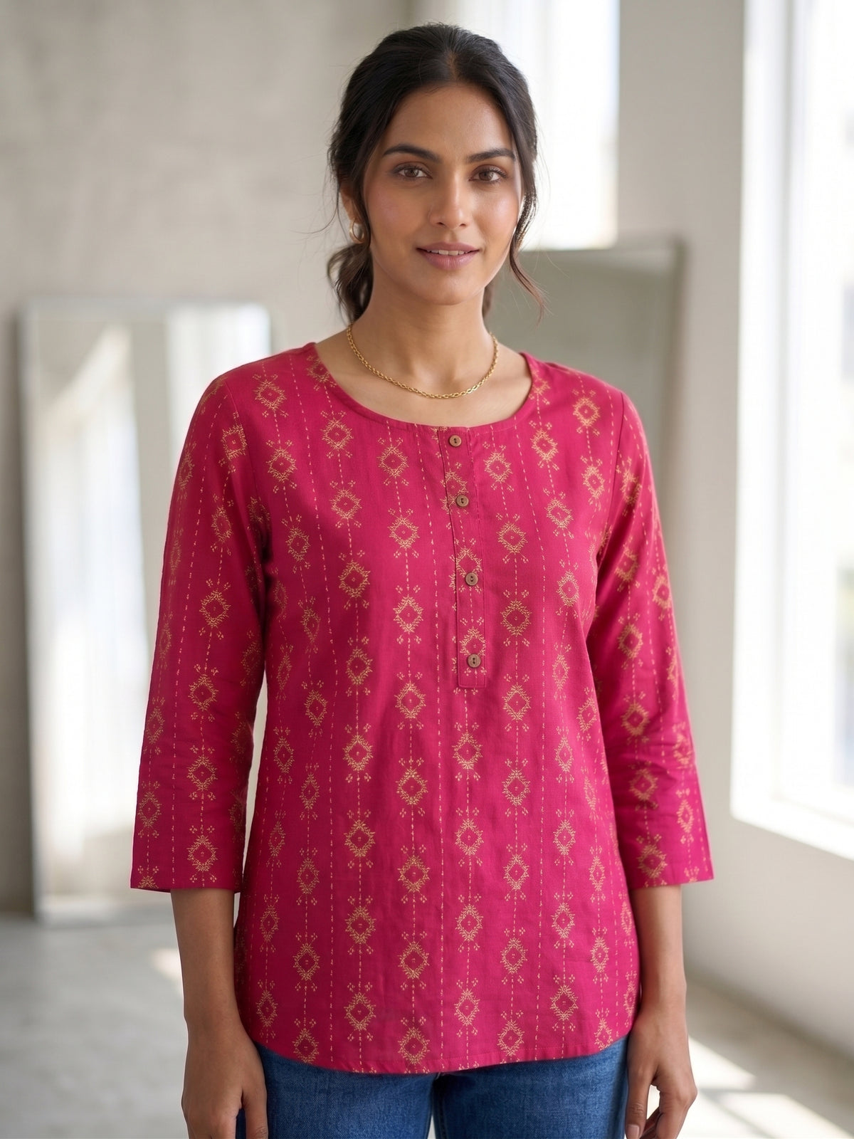 Pink Printed Rayon Short Kurti Top