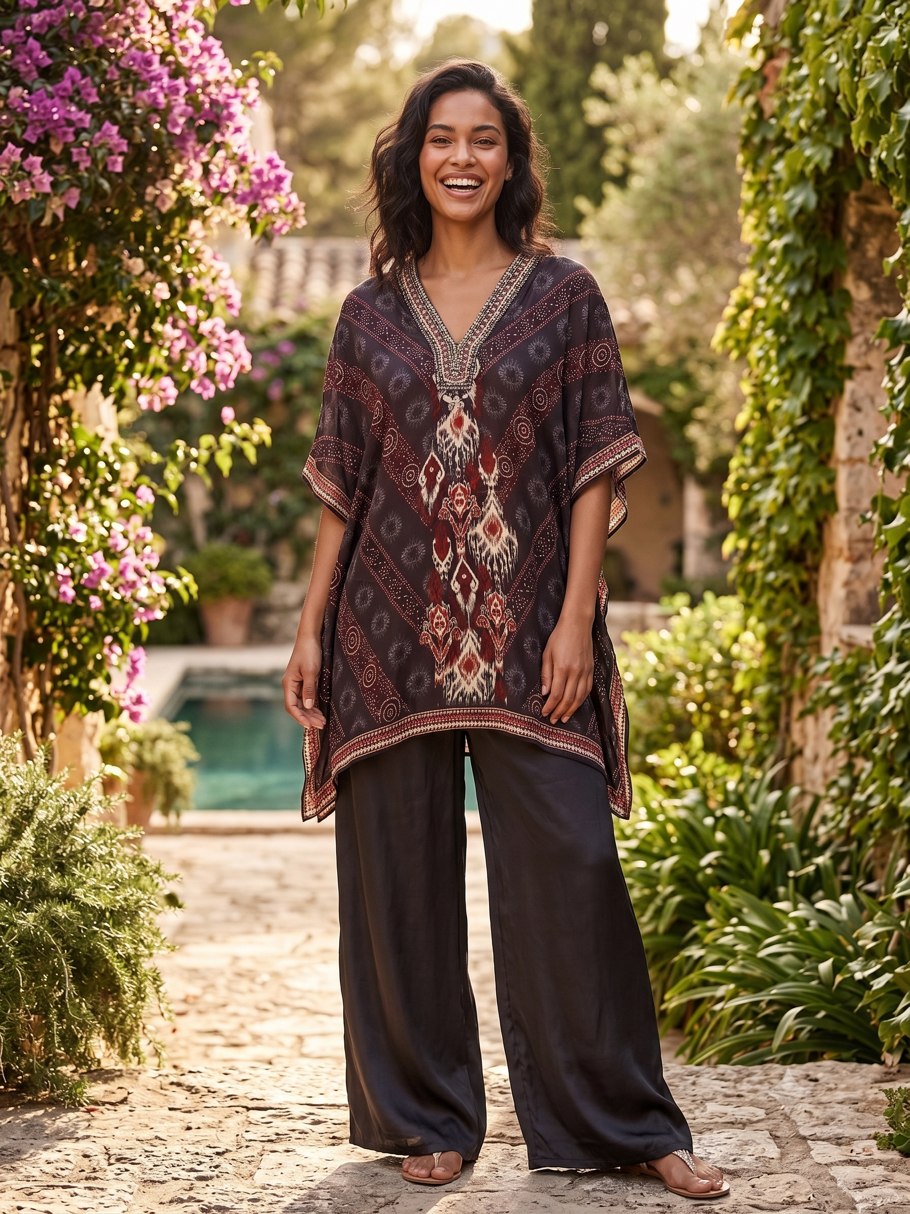 Black Georgette Embroidered Kaftan with Chinon Palazzo Pants