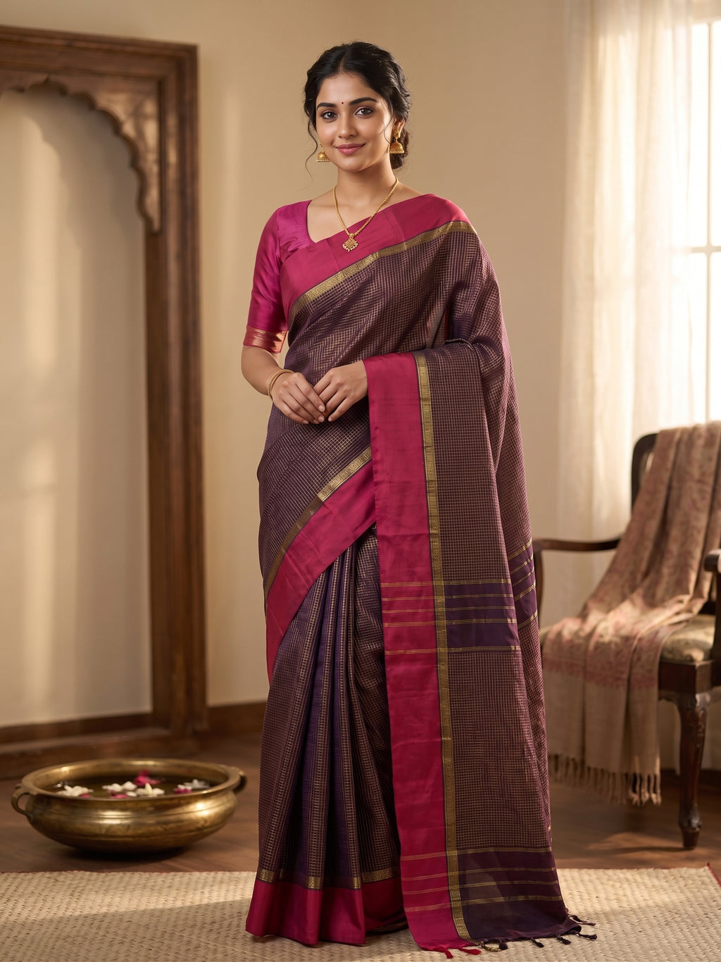Deep Brown Micro Checks with Solid Red Border Soft Silk Saree