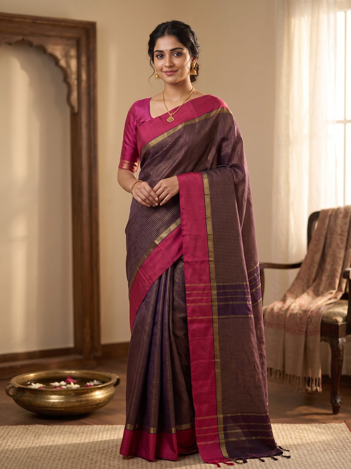 Deep Brown Micro Checks with Solid Red Border Soft Silk Saree