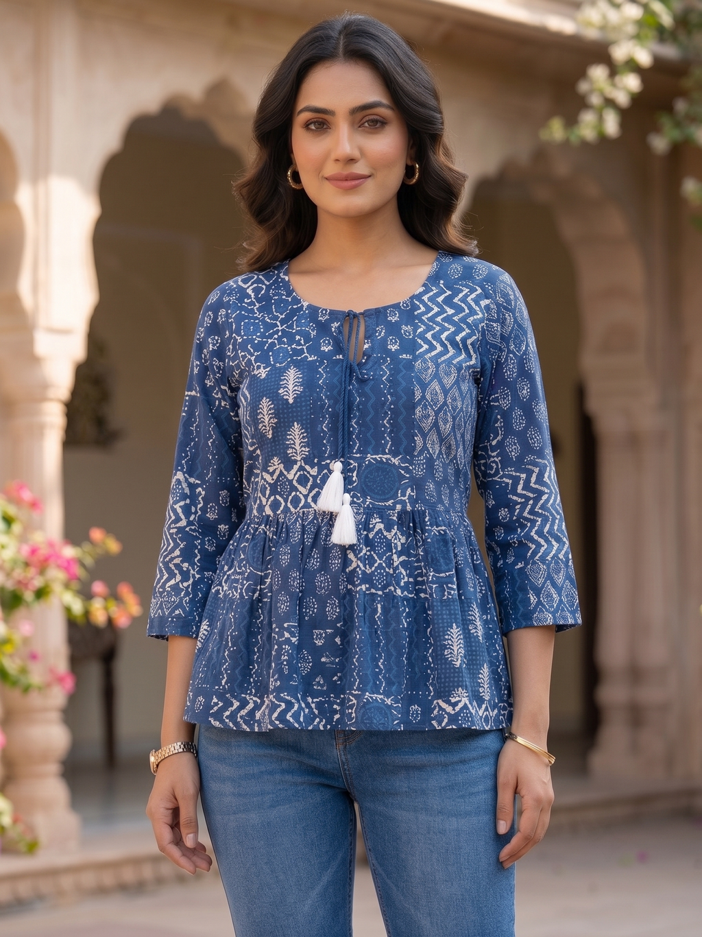 Indigo Printed Cotton Peplum Top