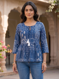 Indigo Printed Cotton Peplum Top