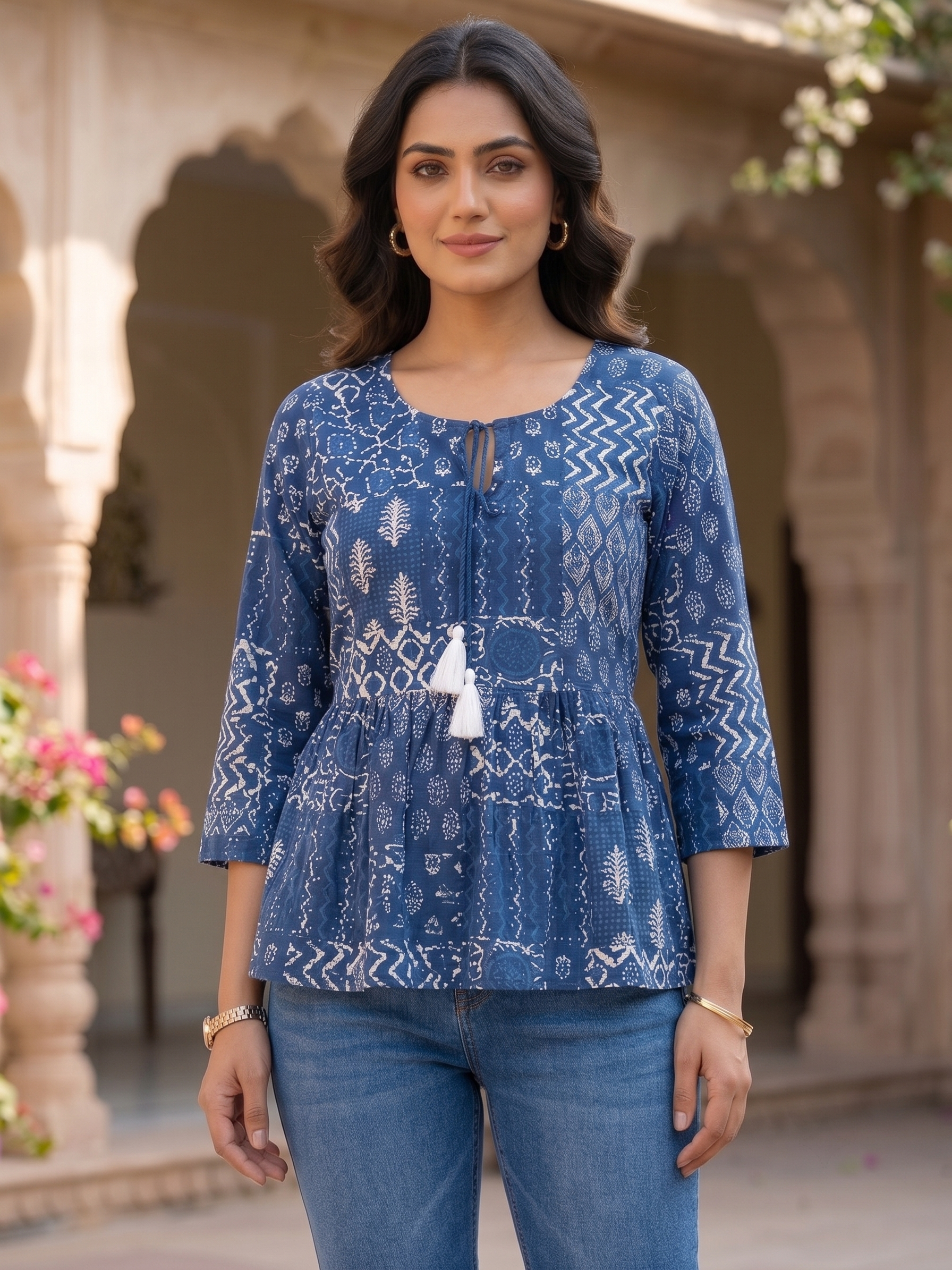 Indigo Printed Cotton Peplum Top
