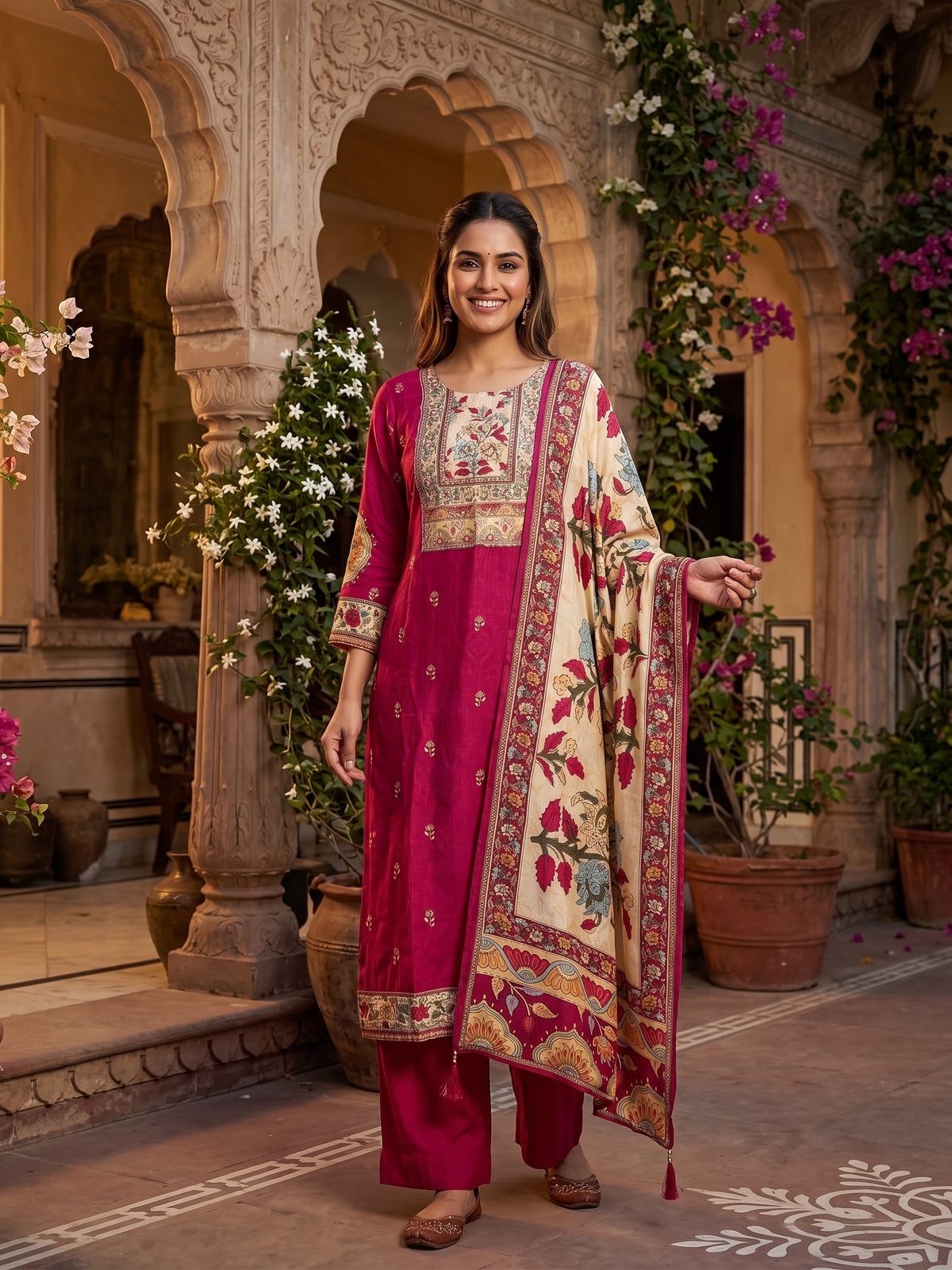 Rani Printed Embroidered Butter Muslin Kurti Set with Dupatta