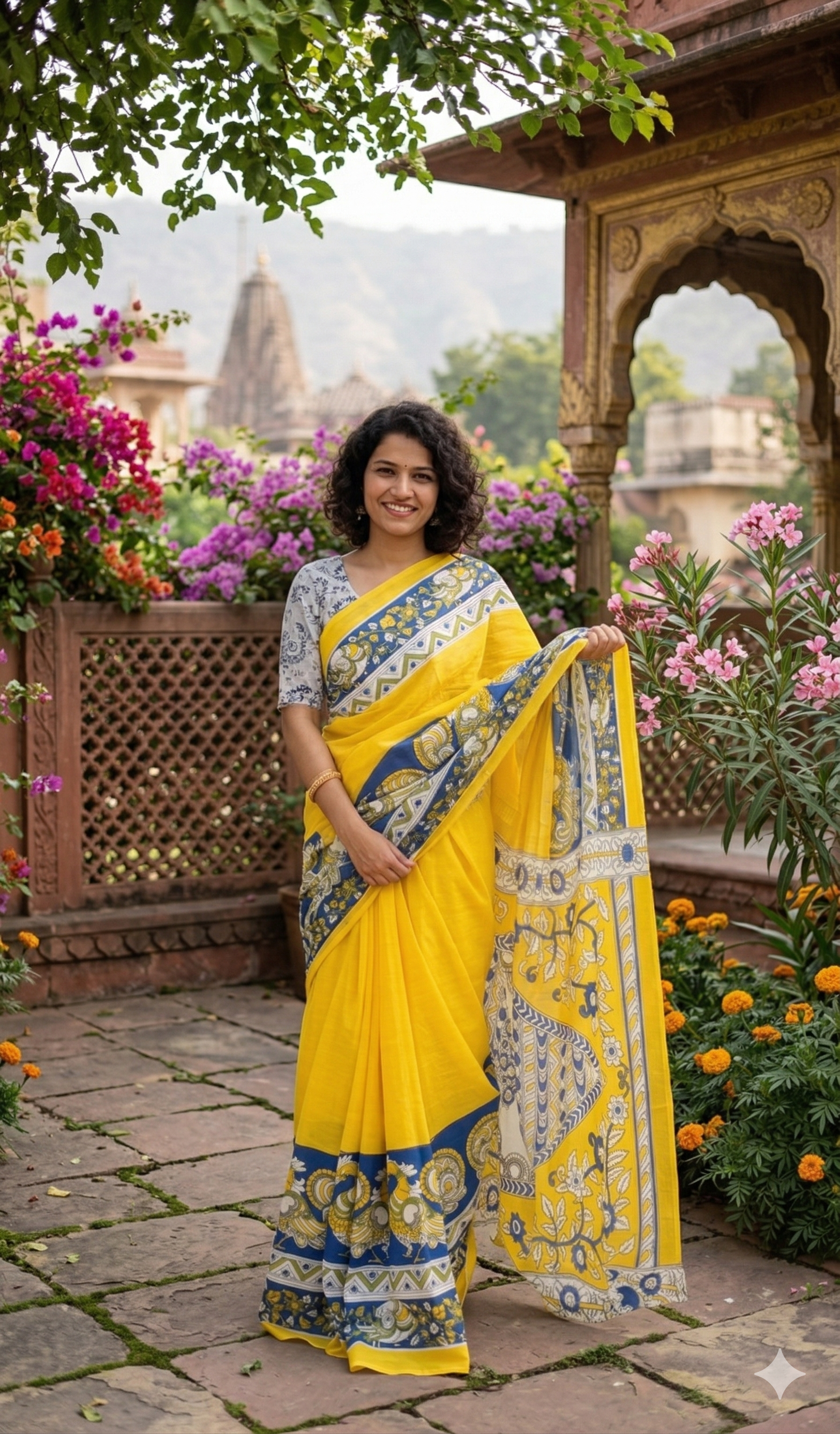 Yellow & Indigo Hand Printed Mul Cotton Saree