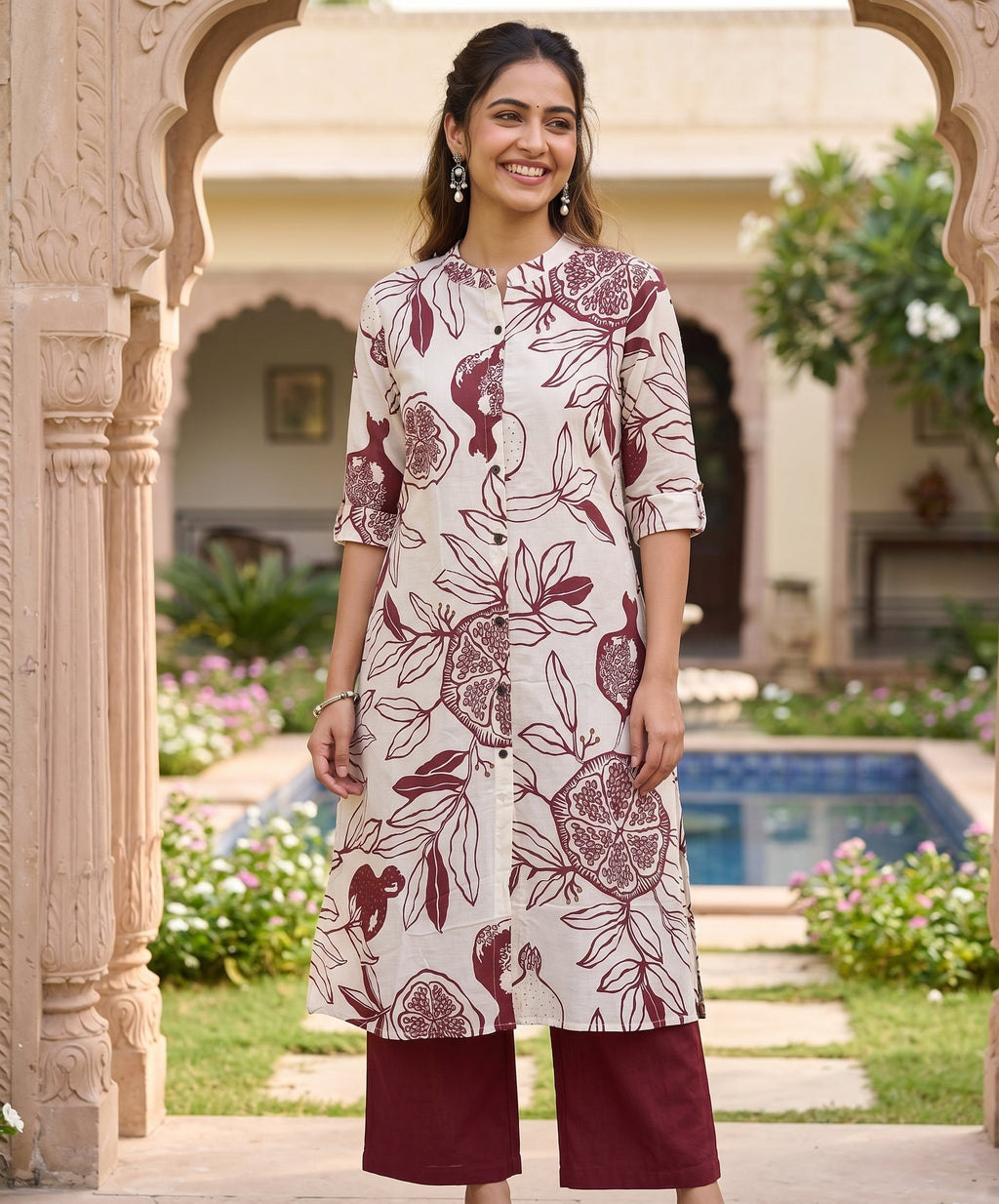 Off White Maroon Cotton  Botanic printed A-Line Kurti Top (Top Only)