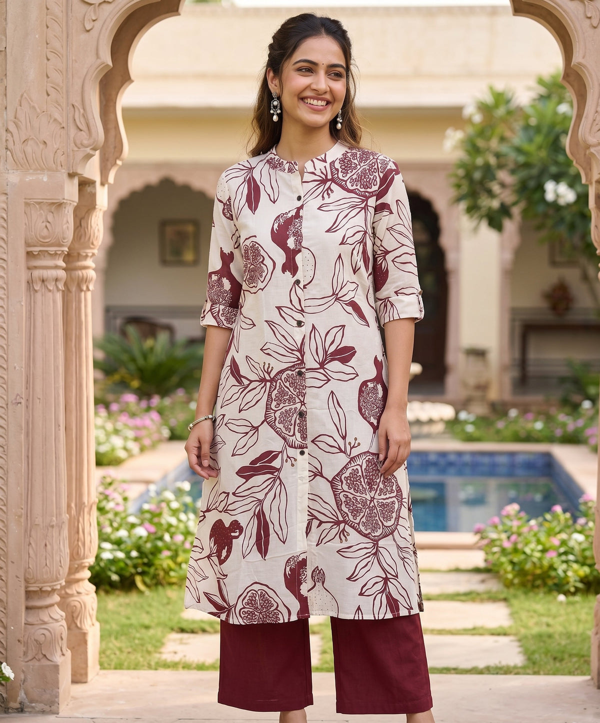 Off White Maroon Cotton  Botanic printed A-Line Kurti Top (Top Only)