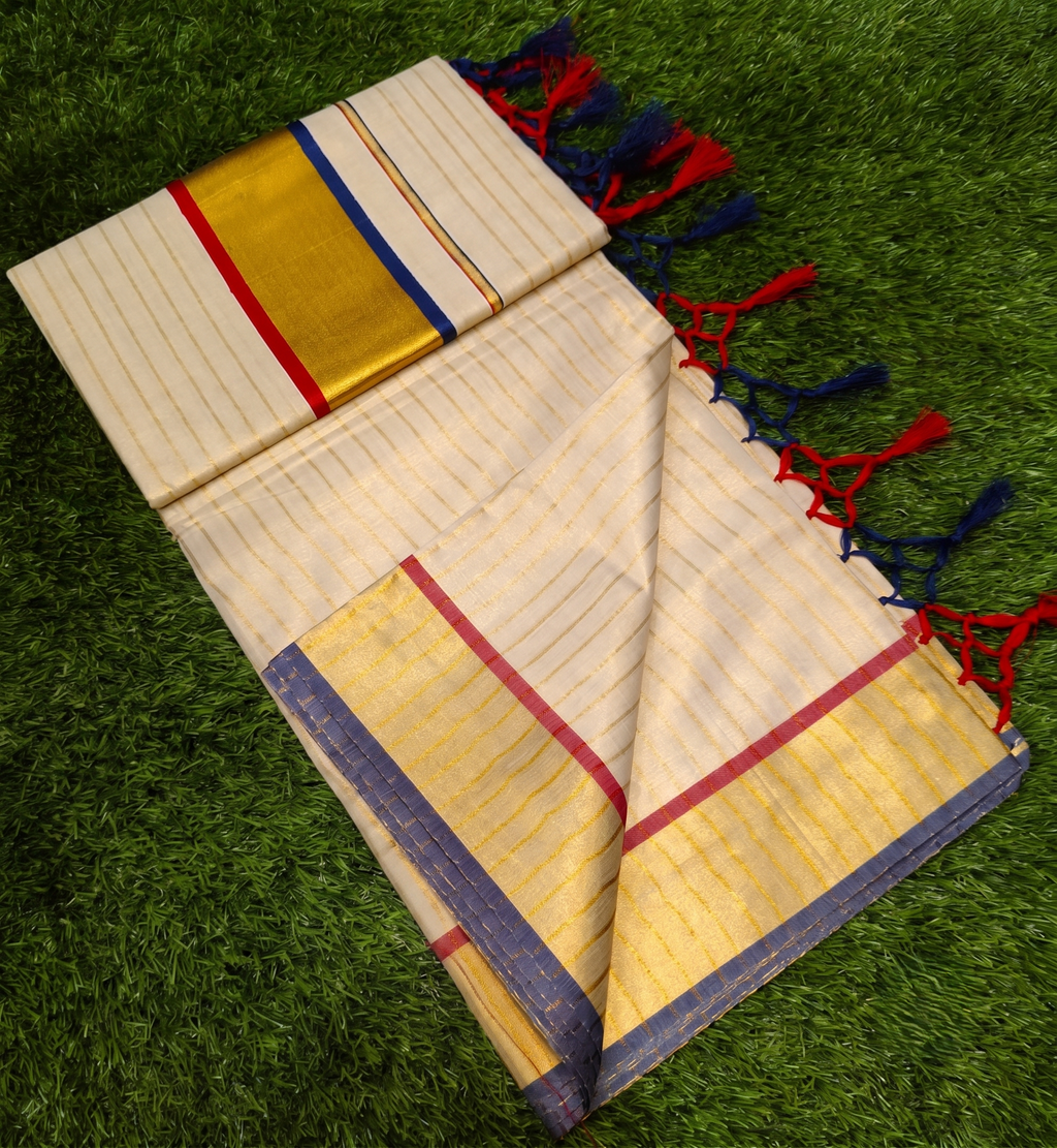 Zari Woven Striped with Contrast Border Golden Tissue Saree
