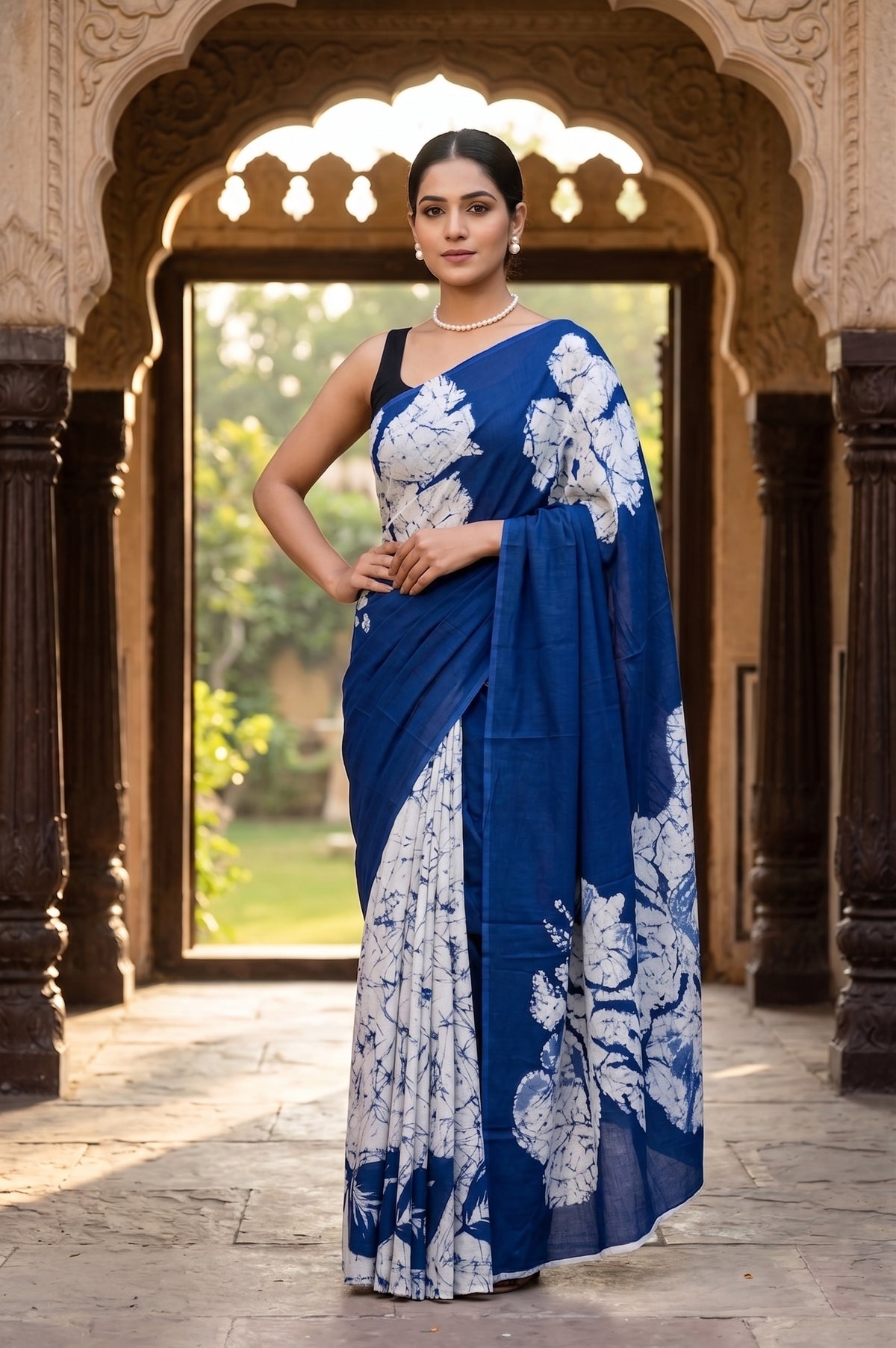 Indigo White Hand Block Printed Mul Cotton Saree