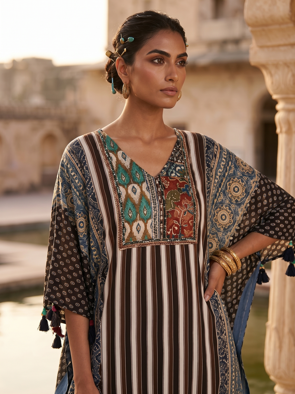 Butter Muslin Printed Embroidered Kaftan with Palazzo Pants