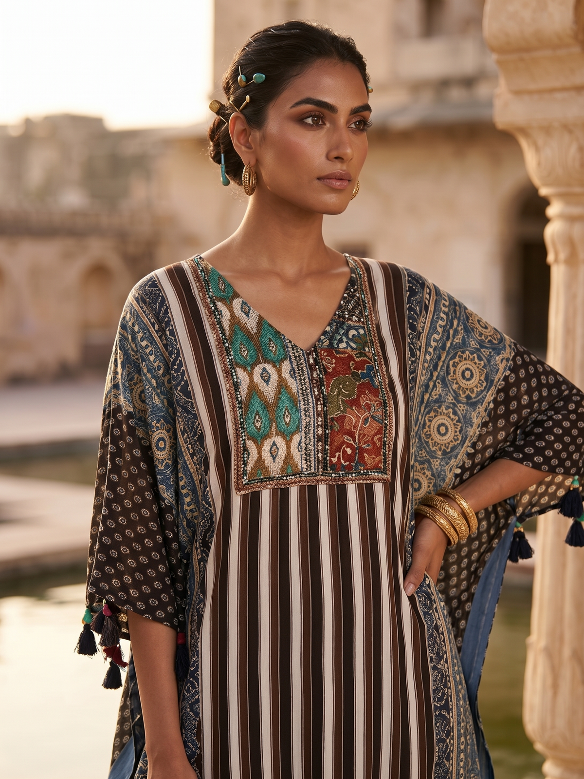 Butter Muslin Printed Embroidered Kaftan with Palazzo Pants