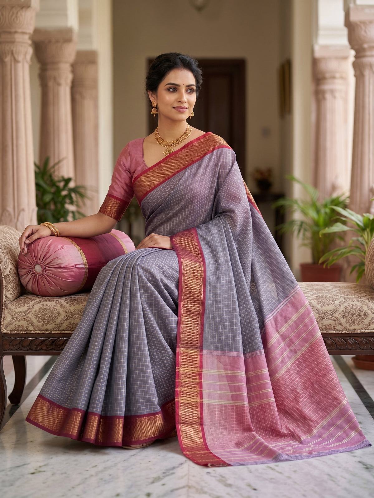 Grey Micro Checks with Maroon Border Soft Silk Saree