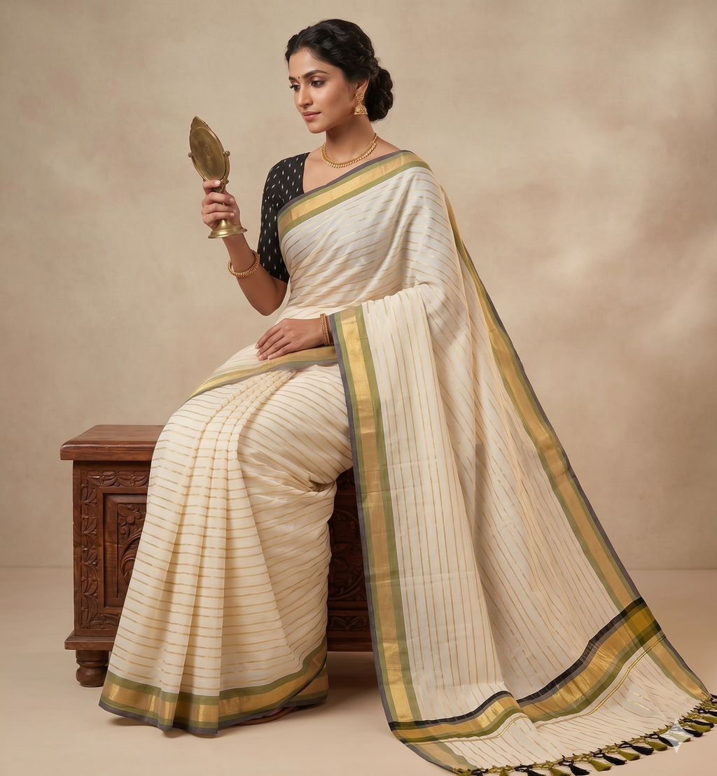 Zari Woven Striped with Muti Border Kerala Cotton Saree