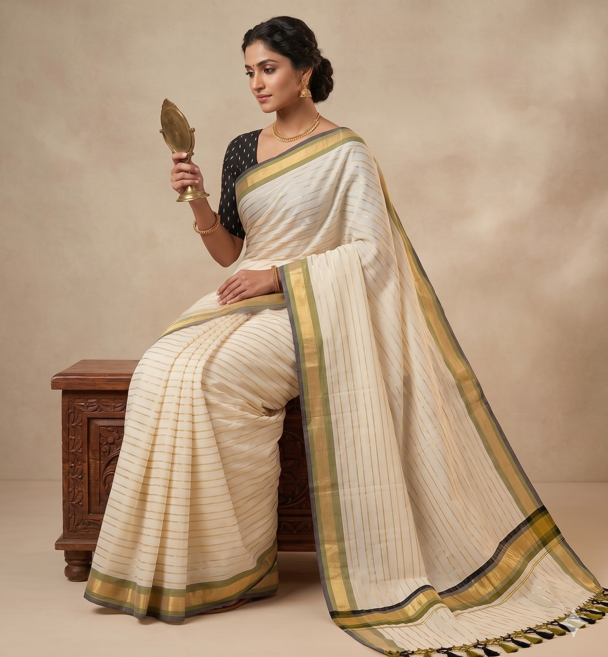 Zari Woven Striped with Muti Border Kerala Cotton Saree
