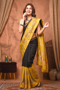Black & Yellow Hand Block Printed Pure Maheswari Silk Saree