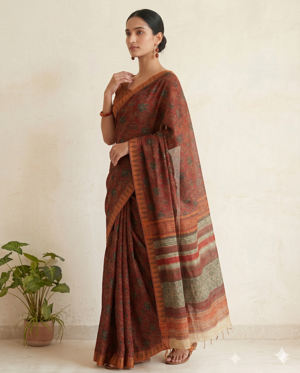 Rust & Maroon Hand Printed Silk Cotton Saree