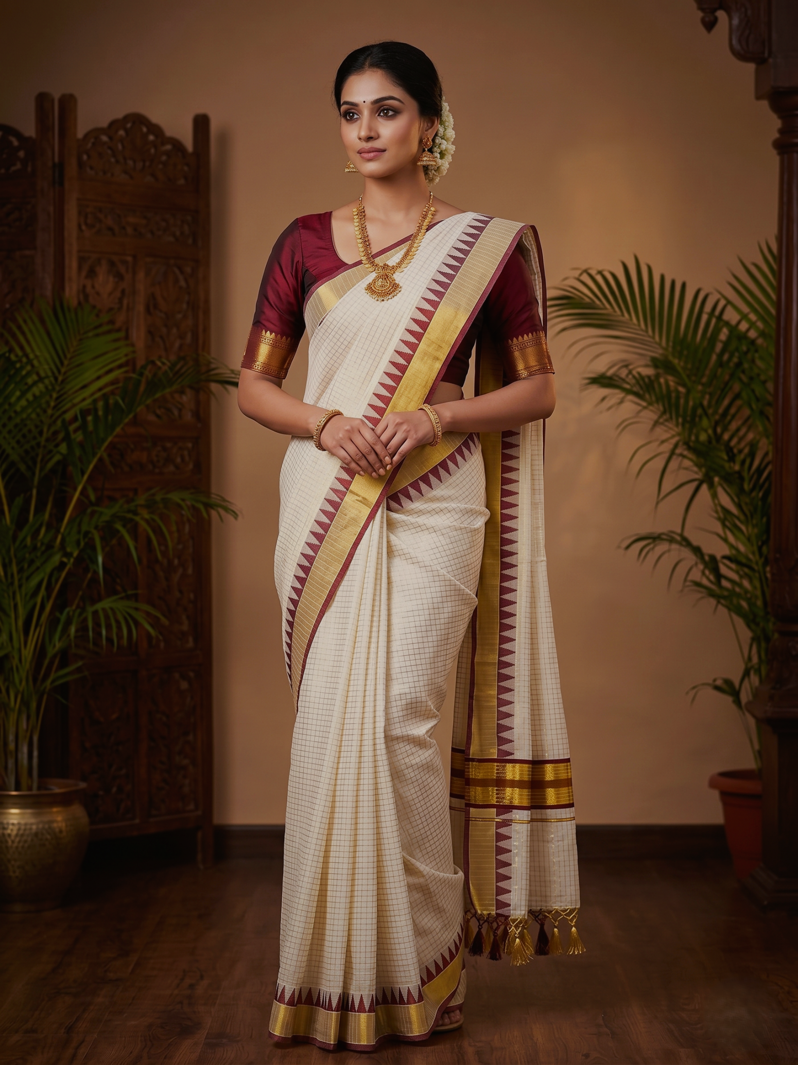 Small Checkered With Temple Border Kerala Cotton Saree