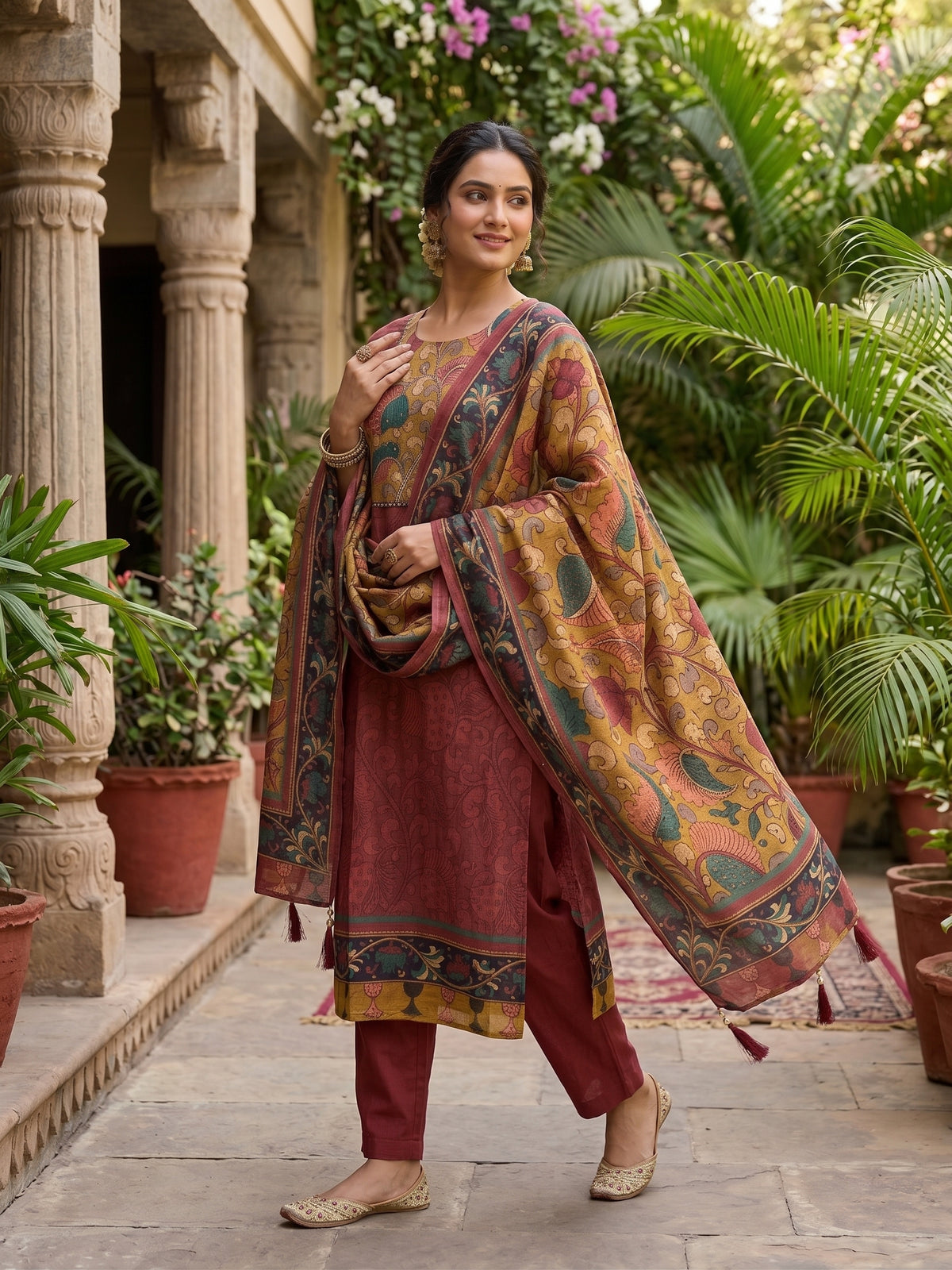 Kalamkari Printed Maslin silk dusty maroon 3 piece set